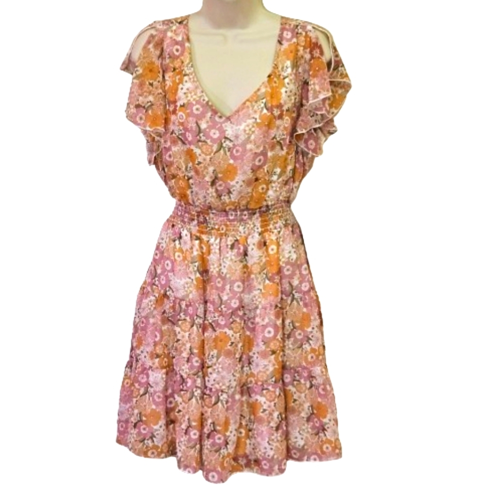 Emerald Sundae Blush Pink/Gold Floral Back Tie Cut-Out Mini Dress,Large,NWT